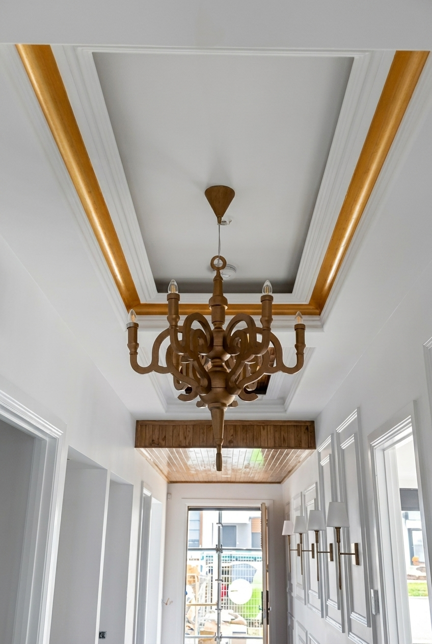 Entry hallway chandelier with tray ceiling